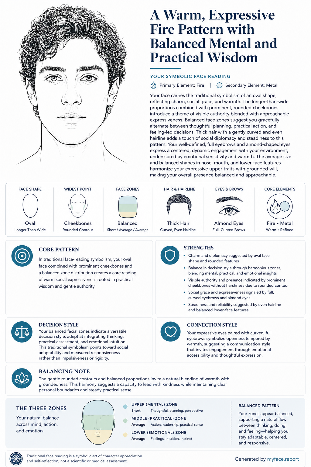 Generated sample face reading report: Sample portrait of a young man with curly hair
